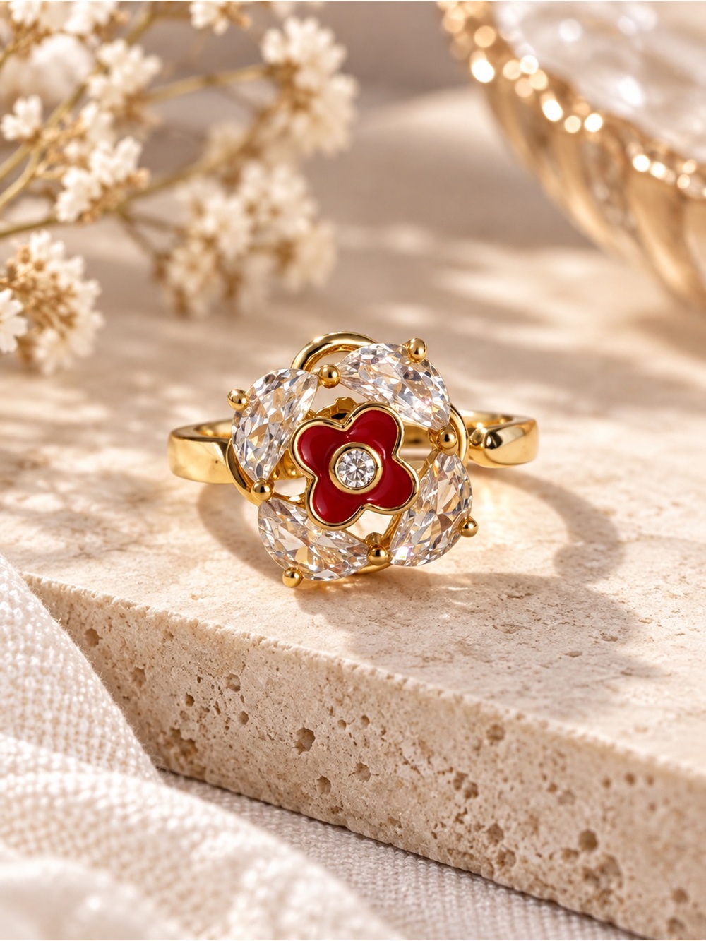 Gold Tone Red Flower Open Adjustable Spinner Ring Statement Jewelry
